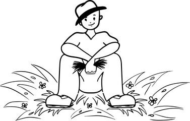 Smiling peasant in a hat siting on grass with  a handful of hay, flat vector illustration. Farmer with a bunch of grass isolated cartoon character on white background. Coloring book pages for kids.