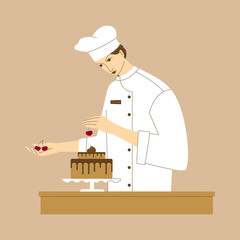 The character of the pastry chef decorates the cake with cherries. Vector illustration in the modern style.
