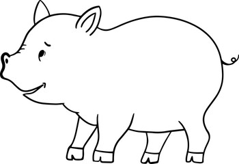 Cute funny Cartoon pig character for childrend books coloring pages. Black and white pig character isolated on white background.