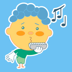 emoji with amateur folk musician playing harmonica using his mouth & lips to blow wind into it, simple emoticon, simplistic facial expression, eps 10
