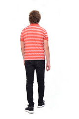 Fototapeta premium rear view of a man with curly hair walking on white background
