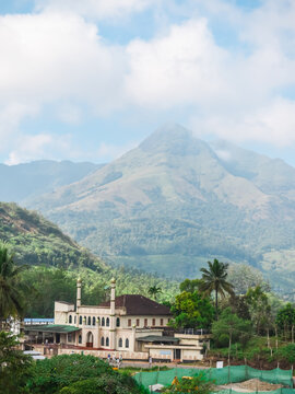 Portrait view of Meppadi mosque and Chembra peak in Meppadi near kalpetta in Wayanad ,kerala.