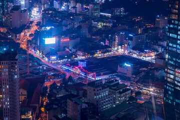 Aerial view of Ben Thanh Market in Ho Chi Minh City at night.