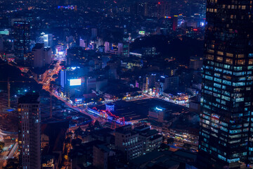 Aerial view of Ben Thanh Market in Ho Chi Minh City at night.