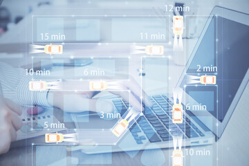 Automobile theme drawing with businessman working on computer on background. Autopilot taxi concept. Multi exposure.