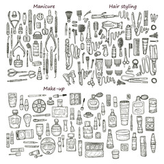 Big set of 146 beauty  products and tools including make-up products and perfumes, hair styling and manicure tools. Vector hand drawn outline beauty collection.