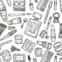 Seamless pattern with makeup products, beauty tools and accessories  . Fashion background. Vector