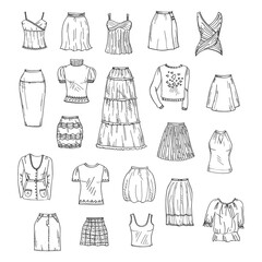 Vector set of hand drawn doodles of women's clothes including different types of skirts and tops