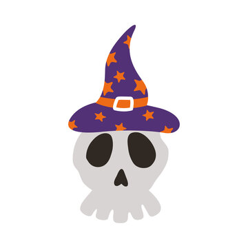 halloween head skull wearing witch hat flat style icon