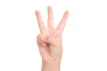 Boy hand show three finger symbol on isolated white background for graphic designer.