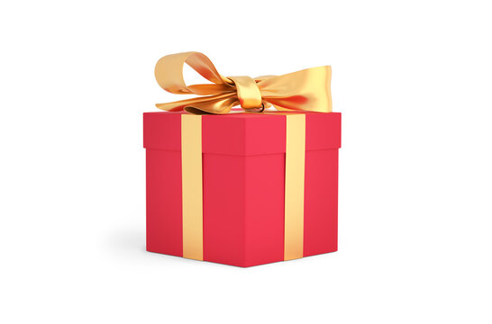 Christmas gift red box tied with gold ribbon. Birthday gift with love. Happy celebration present. 3D rendering