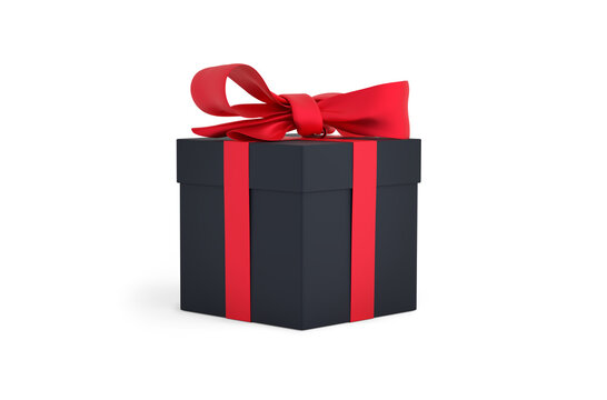 Christmas gift black box tied with red ribbon. Birthday gift with love. Happy celebration present. 3D rendering
