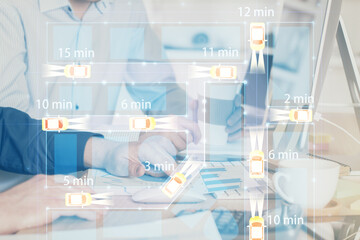 Automobile theme drawing with businessman working on computer on background. Autopilot taxi concept. Double exposure.