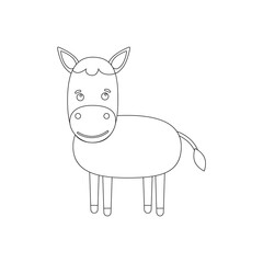 Coloring pages. Animals. Little cute donkey stands and smiles. Vector illustration