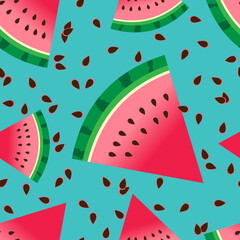 Fresh watermelon slice vector seamless pattern. Watermelon wedge background. Abstract texture  for wrapping, wallpaper, textile,  leaflet. Ripe fruit backdrop.