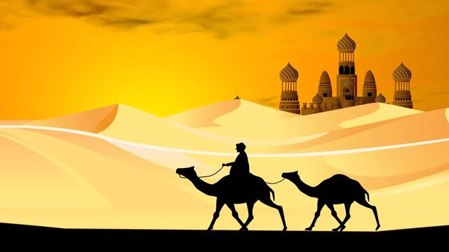 Walking camels caravans silhouette with arab nomad 2d animation