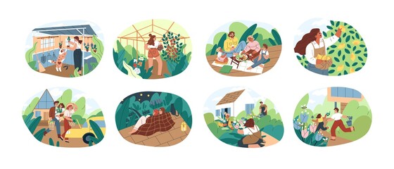 Set of people spending time at summer cottage or dacha vector flat illustration. Collection of man, woman, children and pet picking harvest, relaxing, planting and cultivation together isolated