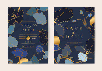 Luxury wedding invite cards with Botanical flower and leaves texture and gold line arts pattern Save the date vector design template.