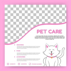 Editable square social media background. Pet care post template with cat illustration and photo collage. Perfect for social media post, story and web internet ads.