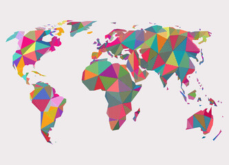 Abstract geometric colorful earth map concept. Vector illustration. Low poly style shapes made by parallel lines. Earth geography created by halftone textures.