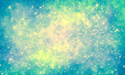 Fototapeta na wymiar green blue yellow bright saturated space background with many stars and grunge texture. Stylish background for the design of banners, cards, brochures, greeting, invitation