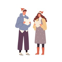 Young cheerful couple singing xmas carols together. Happy singers performing christmas hymn in holiday hats. Flat vector cartoon illustration of celebrating performers or choir isolated on white