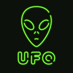 Neon lights alien illustration. Vector laser ufo green alien. 10 eps. For design, illustration, poster, advertising banner etc.