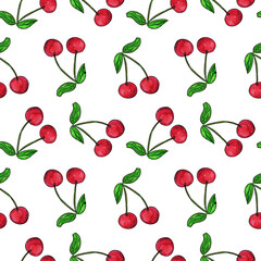 Seamless pattern with cherry.Bright red berries with green leaves on plain background. Botanical, food, fruit and berry theme for decor. Good for textile, fabric, gift wrapping paper and card design. 