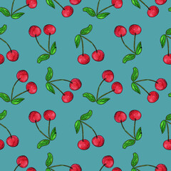 Seamless pattern with cherry.Bright red berries with green leaves on blue background. Botanical, food, fruit and berry theme for decor. Good for textile, fabric, gift wrapping paper and card design.