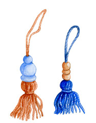 Yarn tassel. Tassels of blue and beige yarn with strung beads. Handmade toys for the new year..Watercolor hand-drawn  elements. Perfect for home decor, Happy New Year cards and Merry Christmas