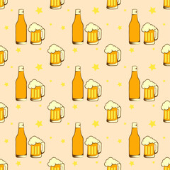 Seamless pattern with beer mug and glass bottle, Vector texture illustration.