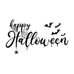 Happy Halloween font design with spider webs, bats and spooky blood droplets on Halloween
