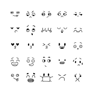 Emoji icons. Hand drawn funny smiley faces. Happy kawaii style. Sketched facial expressions set. Collection of cartoon emotional characters