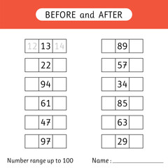 Fill in the missing numbers. Before and after. Number range up to 100. Mathematic. Worksheet for kids. School