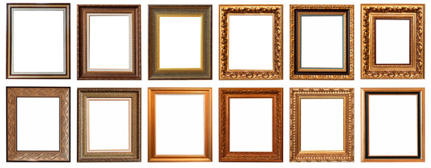 Fototapeta premium Frames baguettes gold silver set isolated on white background pattern.