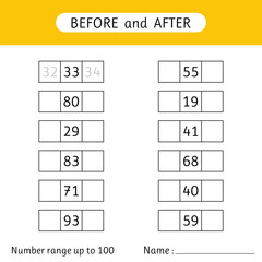 Fill in the missing numbers. Before and after. Number range up to 100. Worksheets for kids. Mathematics. School