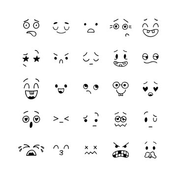 Hand drawn funny smiley faces. Emoji icons. Sketched facial expressions set. Collection of cartoon emotional characters. Happy kawaii style