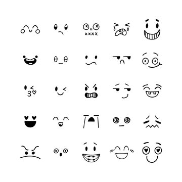 Hand drawn funny smiley faces. Kawaii style. Sketched facial expressions set. Emoji icons. Collection of cartoon emotional characters