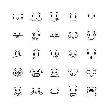 Hand drawn funny smiley faces. Sketched facial expressions set. Collection of cartoon emotional characters. Emoji icons. Happy kawaii style