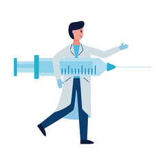 scientific doctor with vaccine syringe flat style icon