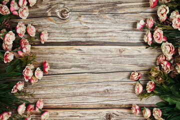 Flowers Border Frame with space copy on wooden background