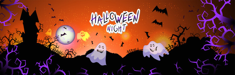 Vector illustration with sinister castle, ghost, bats and text on nightly background with full moon. Halloween night.