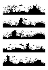 Vector set of Halloween horizontal seamless illustrations with castle, graveyard and bats. Black silhouettes.