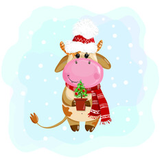 baby bull with a Christmas tree