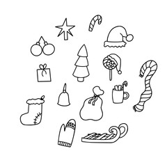 New year celebration line draw, Christmas design elements in doodle style