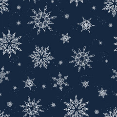 Lovely hand drawn snowflakes seamless pattern, cute winter background, great for Christmas, textiles, banners, wallpapers - vector design