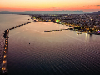 Aerial view of Kalamata port at dusk, one of the biggest ports in Peloponnese, Greece