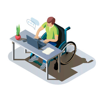 Man with disabilities at desk working on a computer. Invalid person in a wheelchair doing work or communicate online. Handicapped character at workplace, isometric illustration.