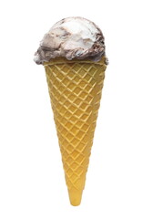 Chocolate and vanilla ice cream balls with yellow cone isolated on white background, clipping path