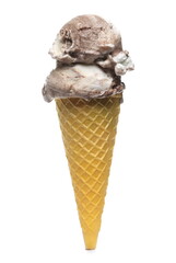 Chocolate and vanilla ice cream balls with yellow cone isolated on white background, clipping path